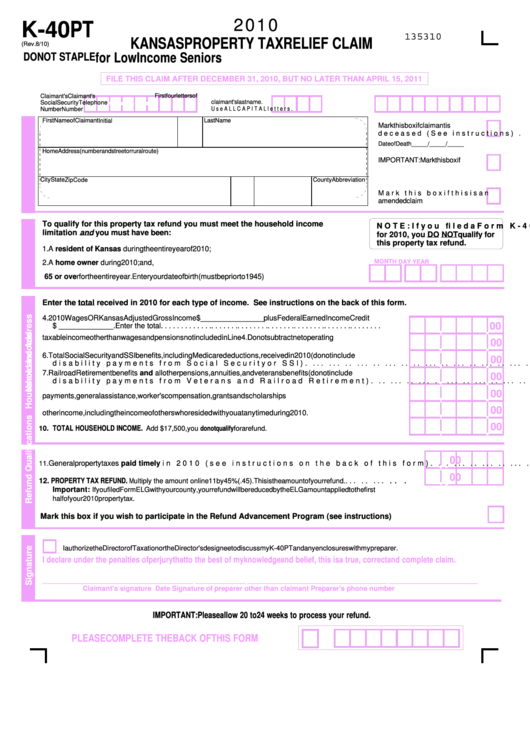 Form K-40 Pt - Kansas Property Tax Relief Claim For Low Income Seniors - 2010 Printable pdf