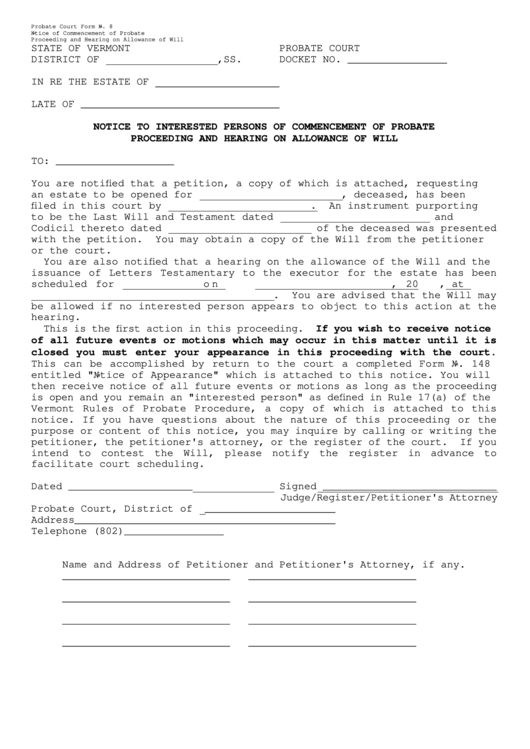 Fillable Form 8 - Notice To Interested Persons Of Commencement Of Probate Proceeding And Hearing On Allowance Of Will Printable pdf