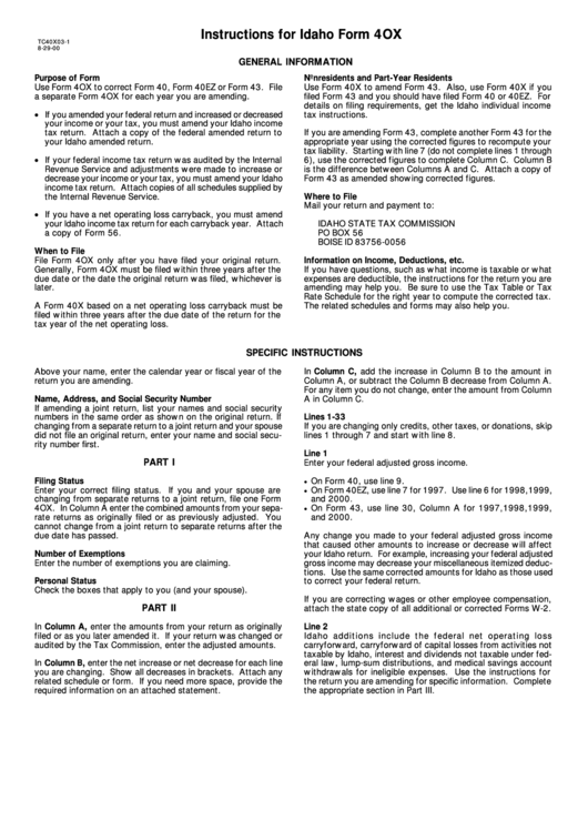 Instructions For Idaho Form 4ox Printable pdf