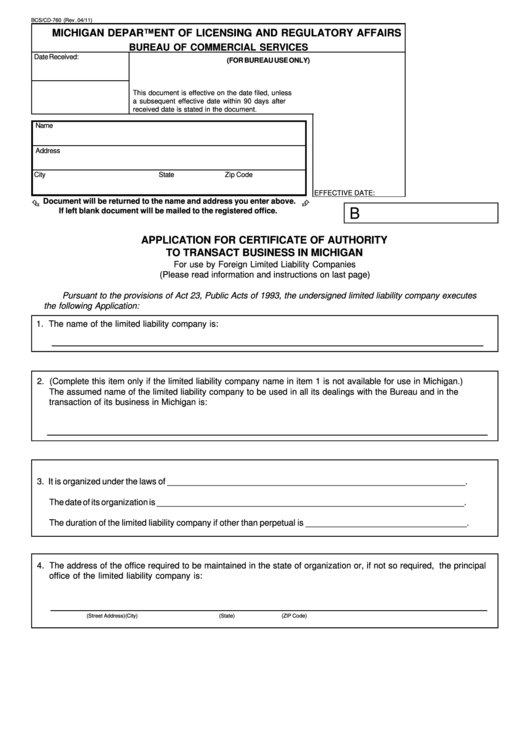 Fillable Form Bcs/cd-760 - Application For Certificate Of Authority To Transact Business In Michigan Printable pdf
