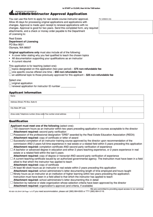 Form Re-620-125 - Real Estate Instructor Approval Application - 2011 Printable pdf