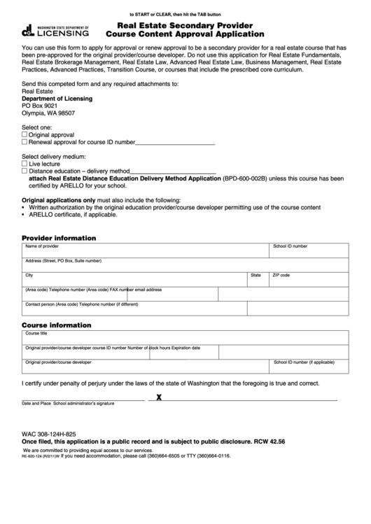 Fillable Form Re-620-124 - Real Estate Secondary Provider Course Content Approval Application - Washington Department Of Licensing Printable pdf