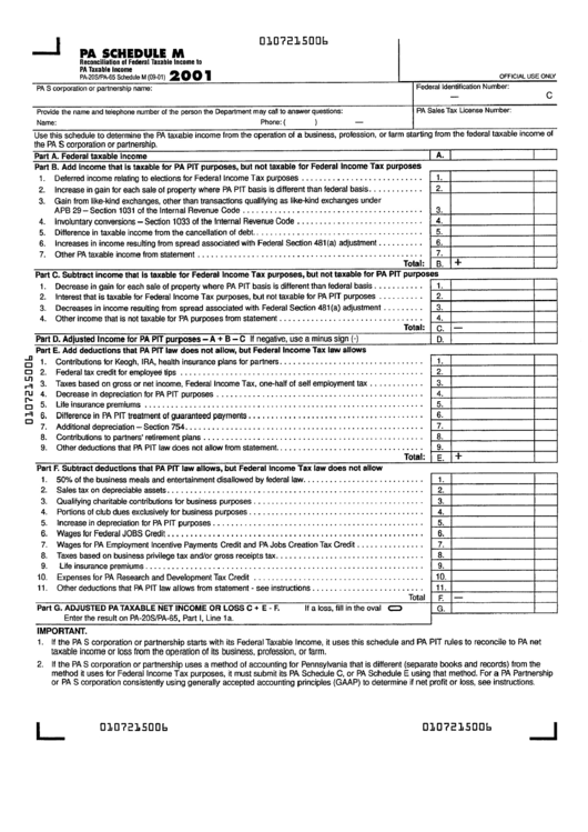 Pa Schedule M 2001 - Pennsylvania printable pdf download