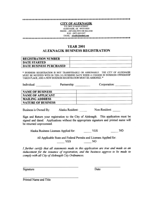 Aleknagik Business Registration Form 2001 - City Of Aleknagik, Arkansas Printable pdf