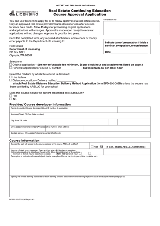 Fillable Form Re-620-123 -Real Estate Continuing Education Course Approval Application - Washington Department Of Licensing Printable pdf