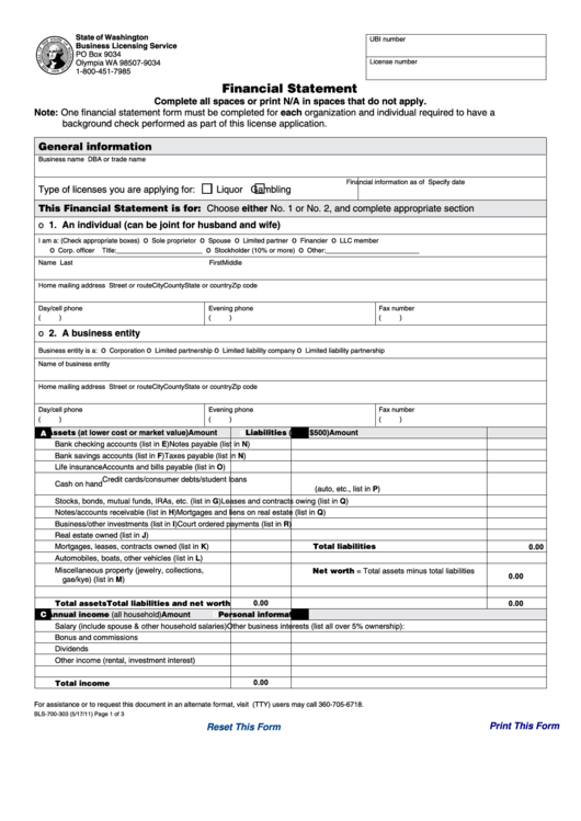 Fillable Form Bls-700-303 - Financial Statement Printable pdf