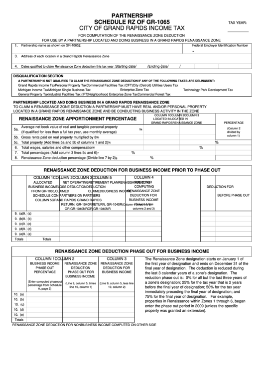 Partnership Schedule Rz Of Gr-1065 City Of Grand Rapids Income Tax Printable pdf