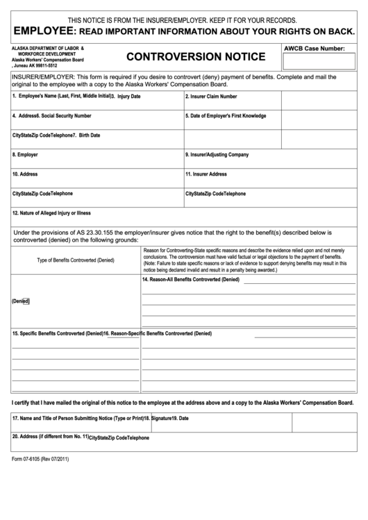 Fillable Form 07-6105 - Controversion Notice Printable pdf
