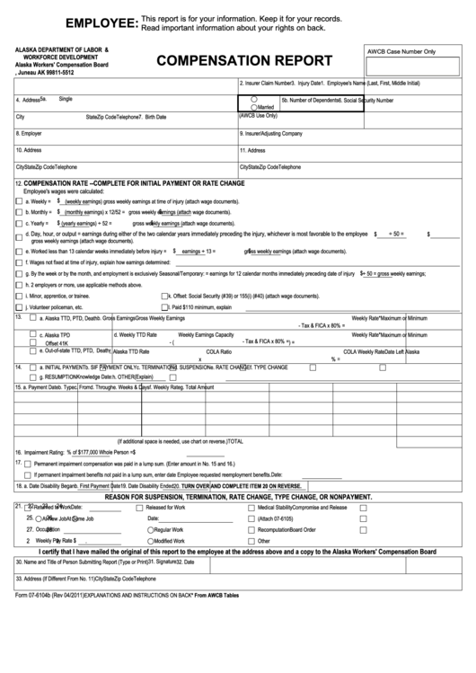 Fillable Form 07-6104b - Compensation Report - 2011 Printable pdf