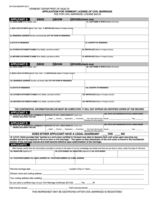 Fillable Form Dh-Phs-Marapp-2012 - Application For Vermont License Of Civil Marriage Printable pdf