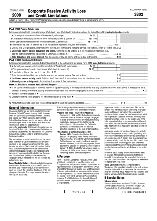 Fillable California Form 3802 - Corporate Passive Activity Loss And Credit Limitations - 2008 Printable pdf