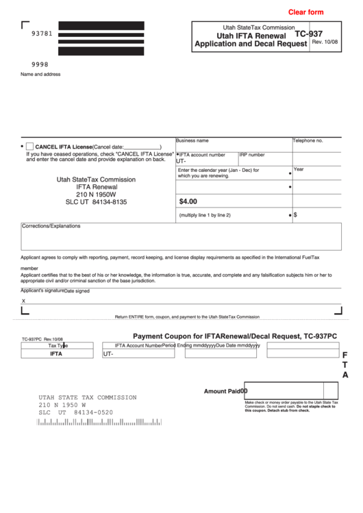 Fillable Form Tc-937 - Utah Ifta Renewal Application And Decal Request Printable pdf