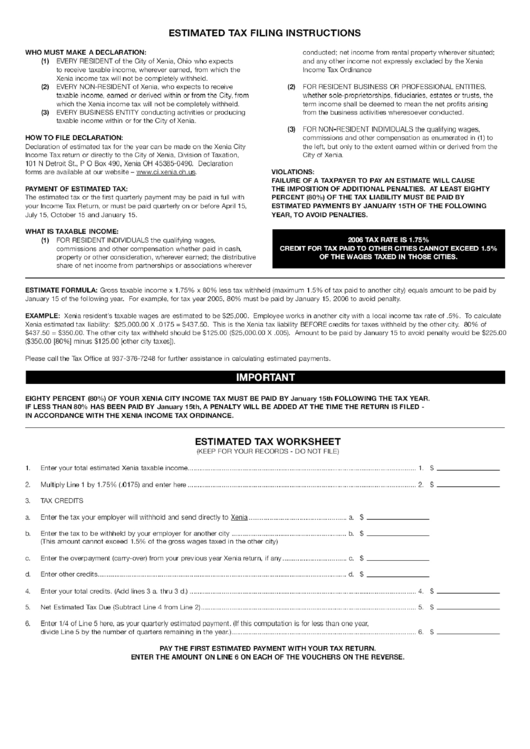 City Of Xeniaestimated Tax Worksheet - 2006 Printable pdf