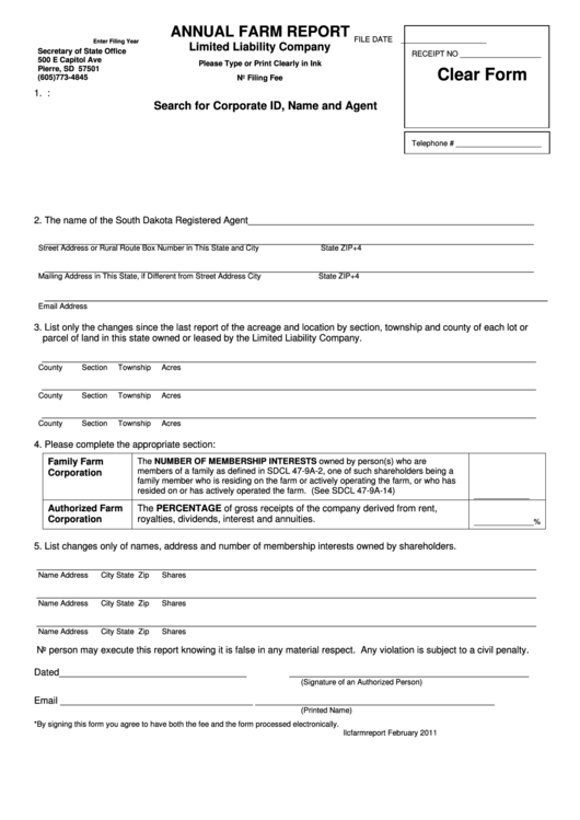 Fillable Annual Farm Report Limited Liability Company Form - Secretary Of State Office - 2011 Printable pdf