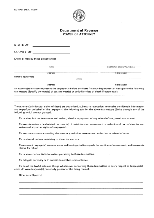 Form Rd -1061 - Power Of Attorney Printable pdf