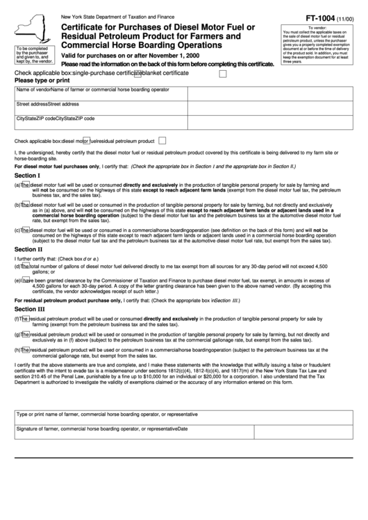 Form Ft-1004 - Certificate For Perchases Of Diesel Motor Fuel Or Residual Petroleum Product For Farmers And Commercial Horse Boarding Operations Printable pdf