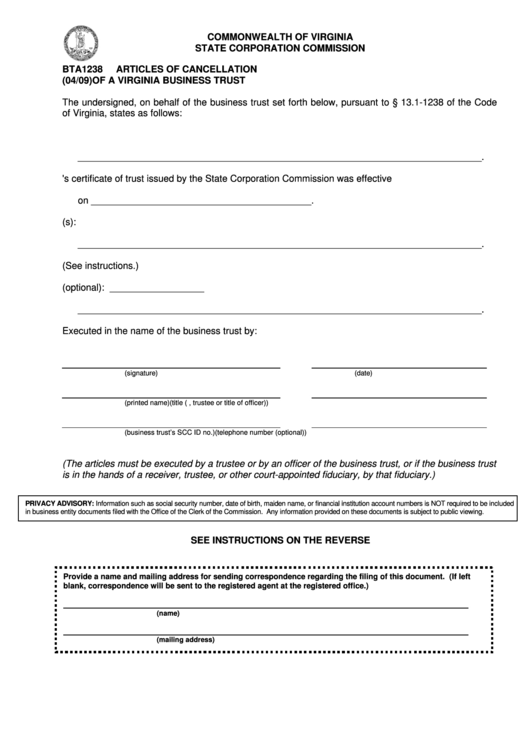 Form Bta1238 - Articles Of Cancellation Of A Virginia Business Trust - 2009 Printable pdf