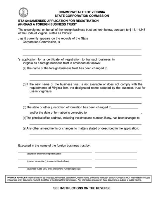 Form Bta1245 - Amended Application For Registration As A Foreign Business Trust - 2009 Printable pdf