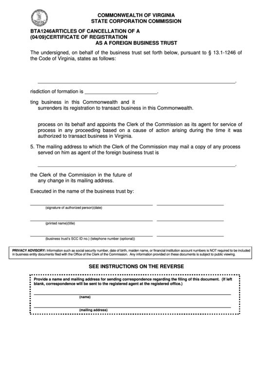 Form Bta1246 - Articles Of Cancellation Of A Certificate Of Registration As A Foreign Business Trust - 2009 Printable pdf