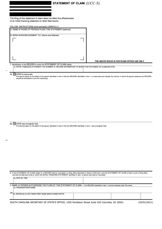 Fillable Form Ucc-5 - Statement Of Claim - 2011 Printable pdf