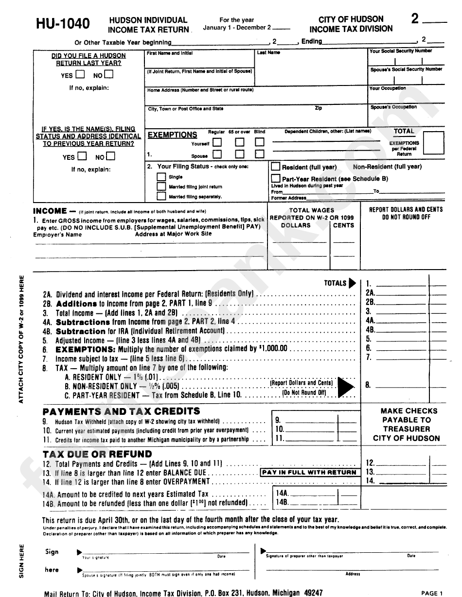 Form Hu - 1040 - Hudson Individual Income Tax Return
