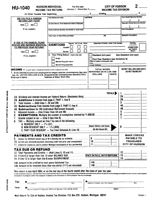 Form Hu - 1040 - Hudson Individual Income Tax Return Printable pdf