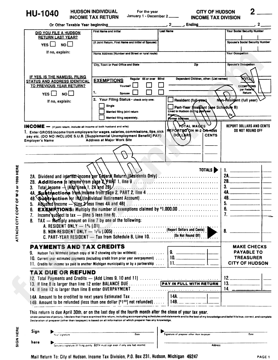 Form Hu - 1040 - Hudson Individual Income Tax Return