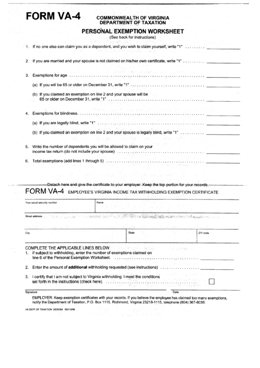 Form Va4 Personal Exemption Worksheet printable pdf download