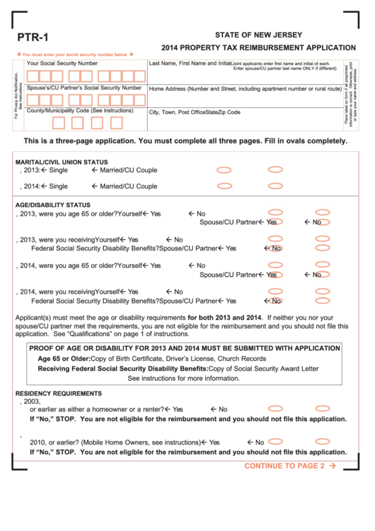 Fillable Form Ptr-1 - Property Tax Reimbursement Application - 2014 Printable pdf