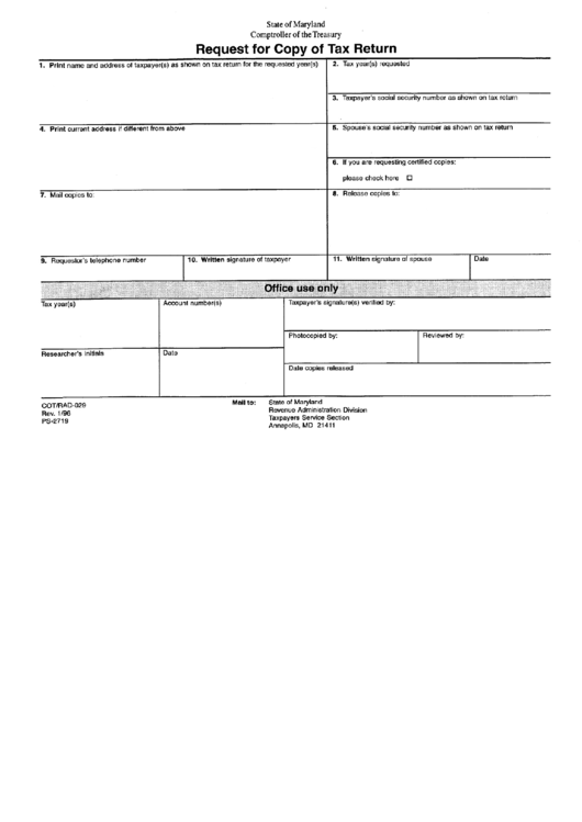Form Ps-2719 - Request For Copy Of Tax Return Printable pdf
