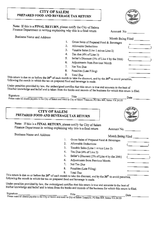 Prepared Food And Beverage Tax Return Form - City Of Salem Printable pdf
