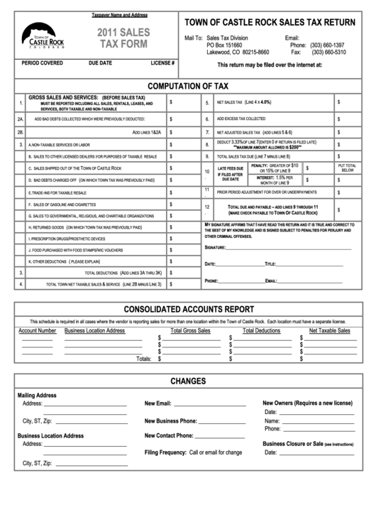 Town Of Castle Rock Sales Tax Return - 2011 Printable pdf