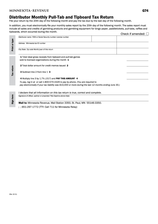 Fillable Form G74 - Distributor Monthly Pull-Tab And Tipboard Tax Return Printable pdf