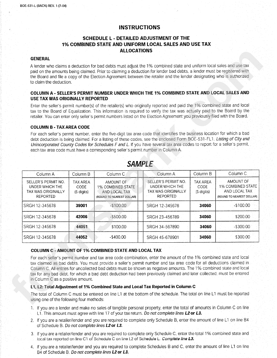 Instructions For Form Boe-531-L Schedule L - Detailed Adjustment Of The 1% Combined State And Uniform Local Sales And Use Tax Allocations