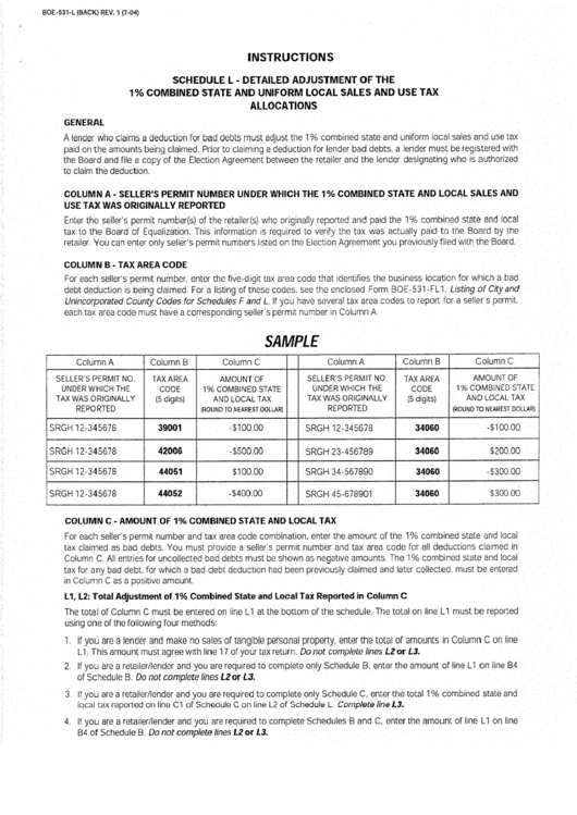 Instructions For Form Boe-531-L Schedule L - Detailed Adjustment Of The 1% Combined State And Uniform Local Sales And Use Tax Allocations Printable pdf