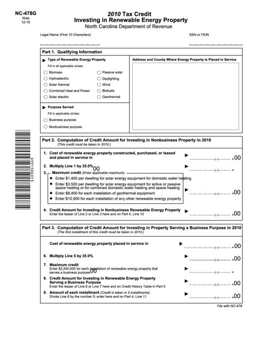 Form Nc-478g - Investing In Renewable Energy Property - North Carolina Department Of Revenue - 2010 Printable pdf
