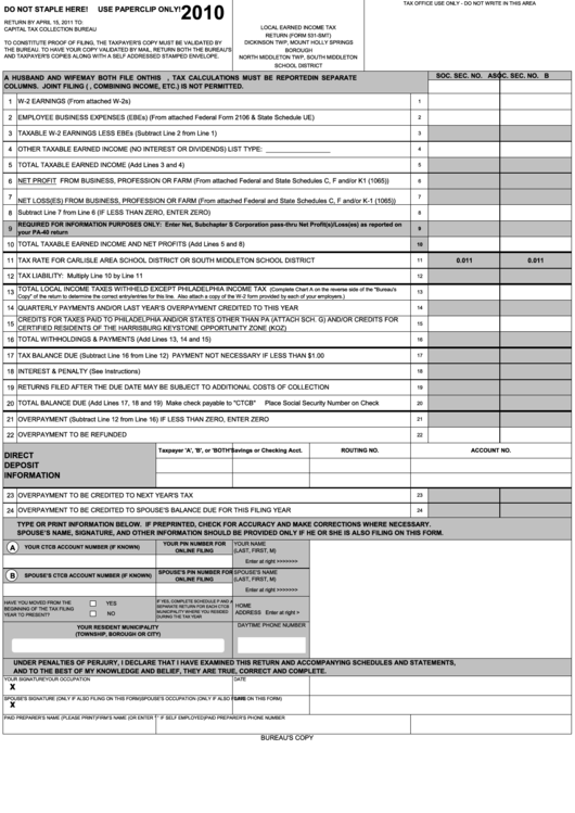 Form 531-Smt - Local Earned Income Tax Return/chart A - 2010 Printable pdf