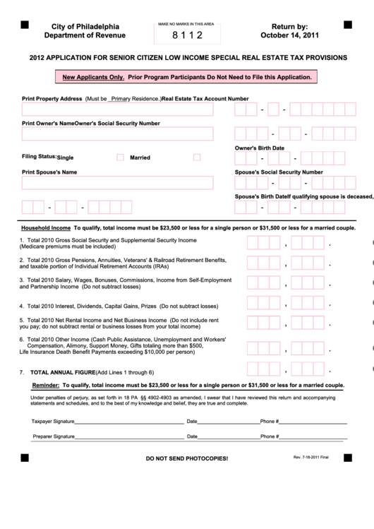 Application For Senior Citizen Low Income Special Real Estate Tax Provisions - City Of Philadelphia - 2012 Printable pdf
