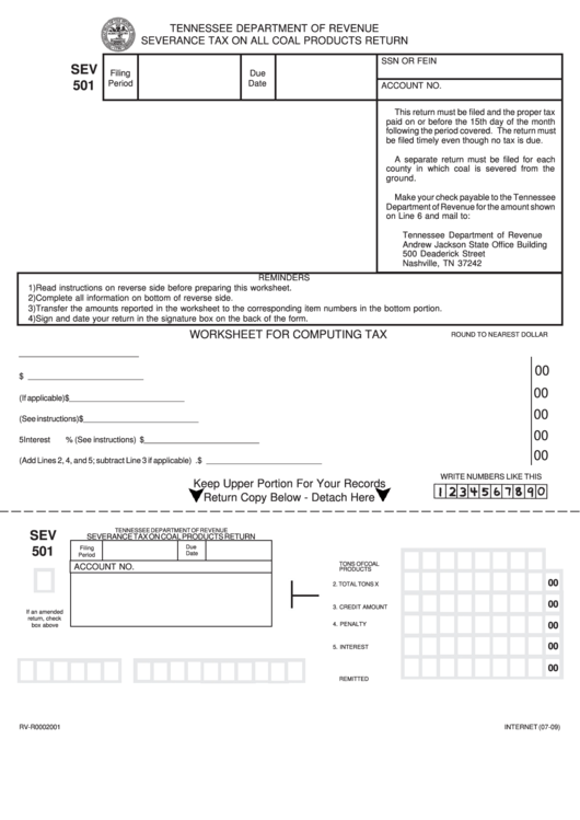 Form Sev 501 - Severance Tax On All Coal Products Return - Tennessee Department Of Revenue Printable pdf
