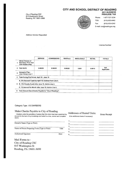 Business Privilege Tax Form - City And School District Of Reading - 2011 Printable pdf