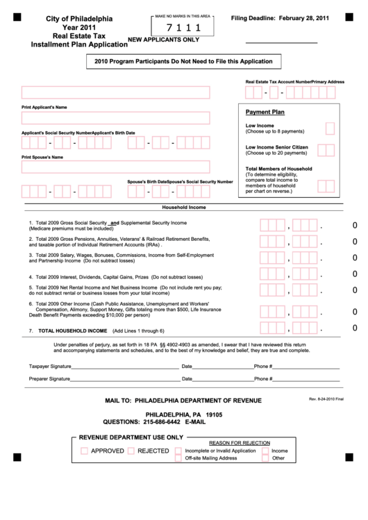 Real Estate Tax Installment Plan Application - City Of Philadelphia - 2011 Printable pdf