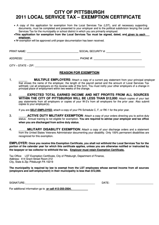 Local Service Tax - Exemption Certificate - City Of Pittsburgh - 2011 Printable pdf