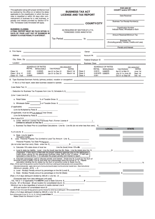 Business Tax Act License And Tax Report Form - Tennessee Department Of Revenue Printable pdf