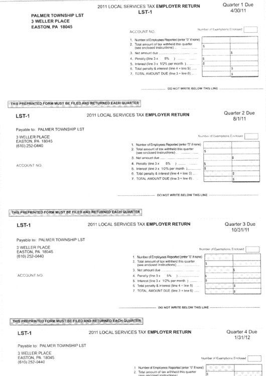 Form Lst-1 - Local Services Tax Employer Return - 2011 Printable pdf
