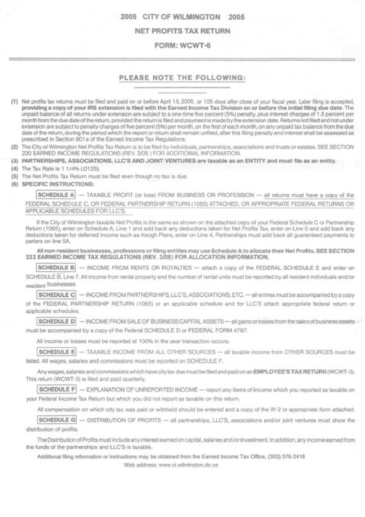 Instructions For Form Wcwt-6 - Net Profit Tax Return - City Of Wilmington - 2005 Printable pdf