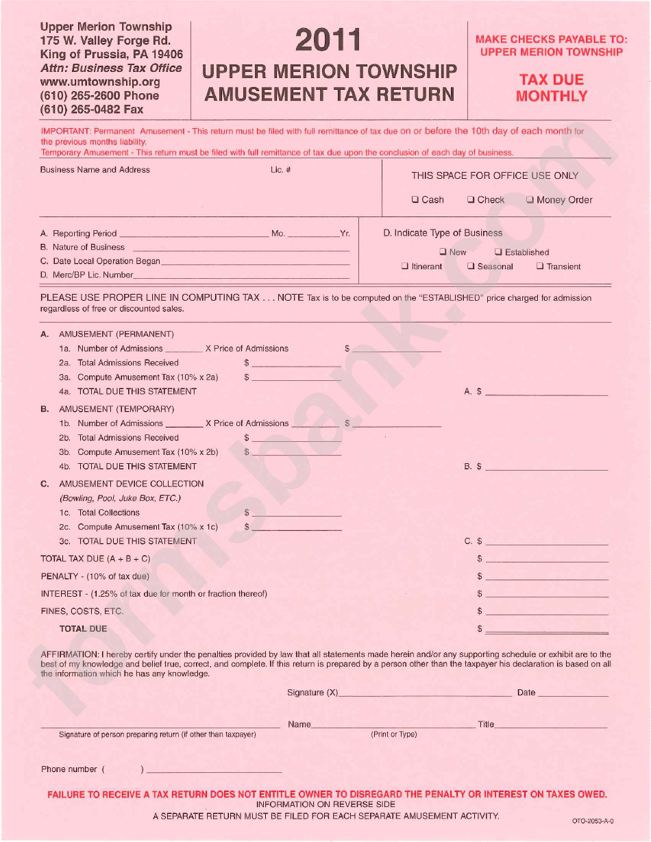 Amusement Tax Return Form - Upper Merion Township - 2011