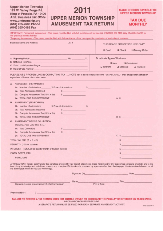 Amusement Tax Return Form - Upper Merion Township - 2011 Printable pdf