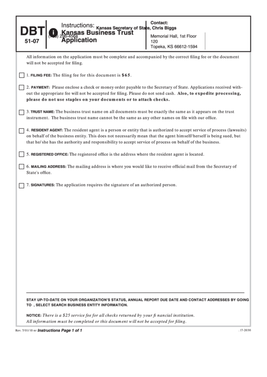 Form Dbt 51-07 - Kansas Business Trust Application - 2010 Printable pdf