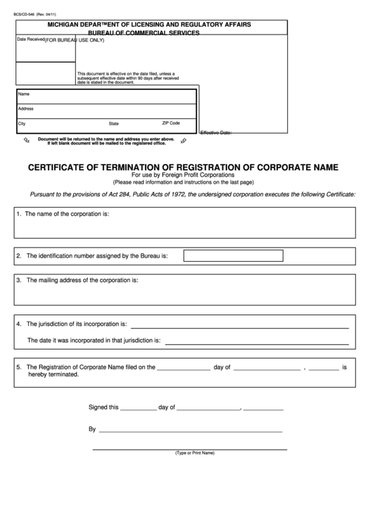 Fillable Form Bcs/cd-546 - Certificate Of Termination Of Registration Of Corporate Name - 2011 Printable pdf