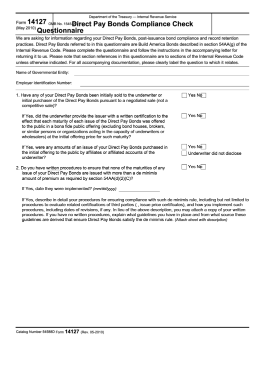 Fillable Form 14127 - Direct Pay Bonds Compliance Check Questionnaire - 2010 Printable pdf